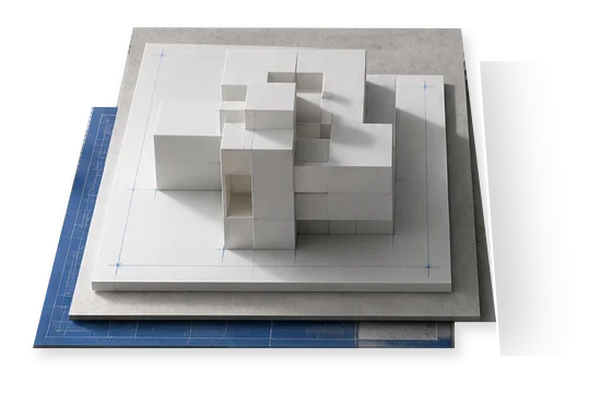 Architekturmodell aus Papier und Karton als symbolische Darstellung für den Bereich Bauträger