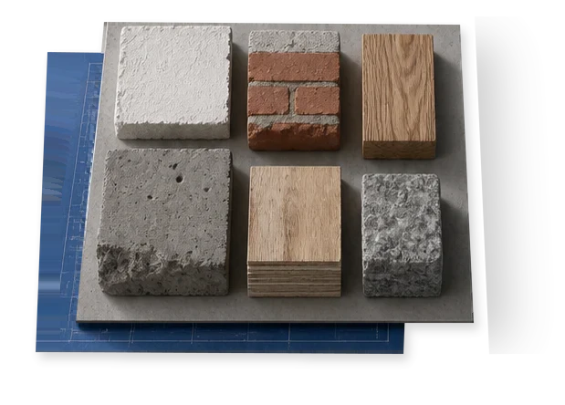 Materialproben auf einer Planunterlage als symbolische Darstellung für die Bestandsberatung